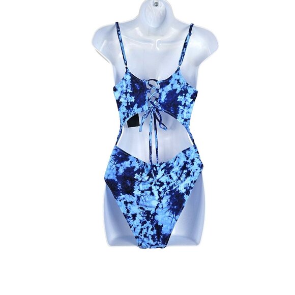 Meyeeka Womens XL Blue Tie-Dye Cut Out High Cut Lace Up Monokini 1 Pc Swimsuit - Picture 5 of 9